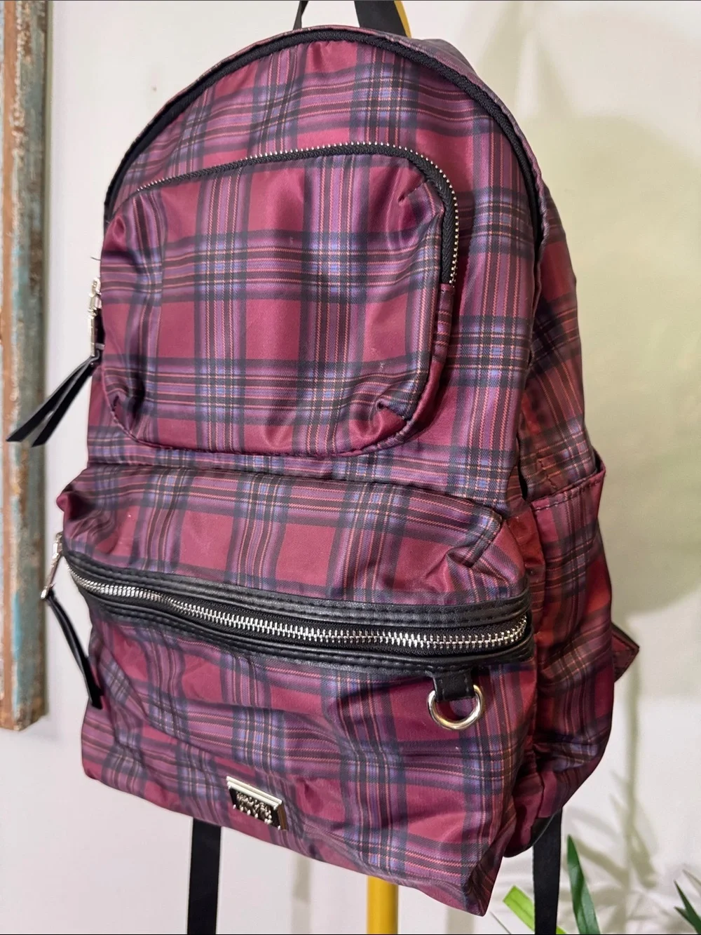 Madden NYC Burgundy Plaid Backpack with Front Zip Pocket shiny silver hardware